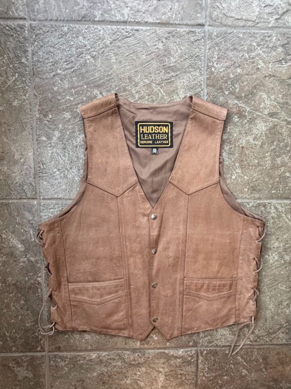 Hudson Leather Vintage Motorcycle Vest Brown Tan Side Lace Western Biker 50